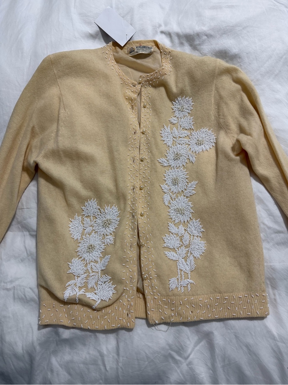 Vintage Pale Yellow Cardigan with White Floral Embroidery